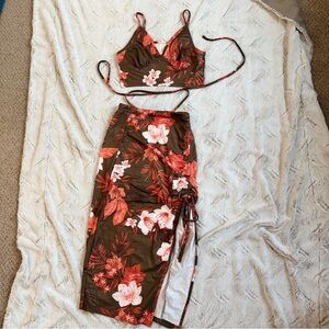 SHEIN green Floral Wrap Crop Top & Skirt Set with Coral and White Flowers